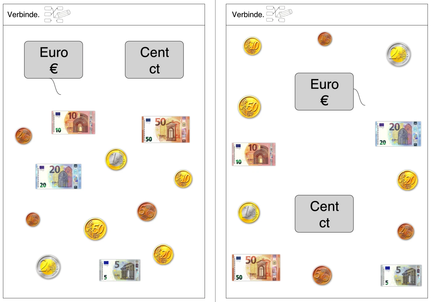 euro oder cent verbinden • Unterscheidung Euro oder Cent