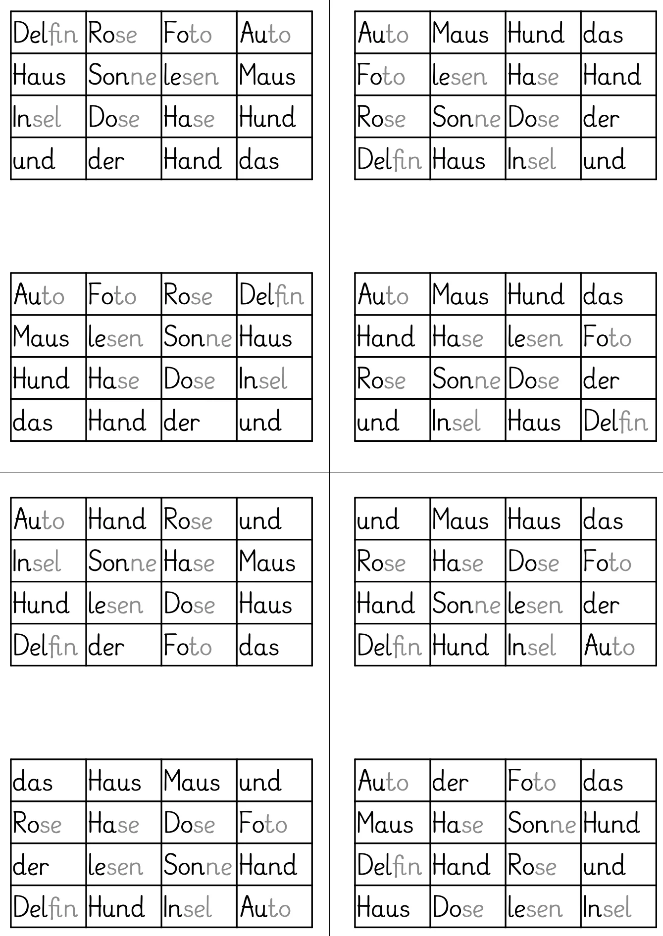 bingoplaene ein und zweisilben • Bingo - Wörter lesen