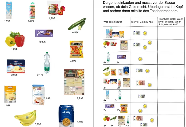 einkaufen rechnen mit kommazahlen • Einkaufen von Lebensmitteln - Reicht das Geld?