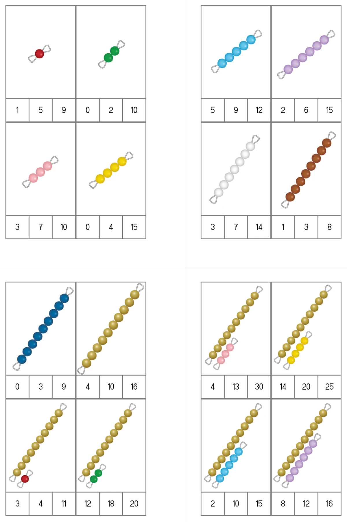 klammerkarte montessori perlen zr 20 • Montessori farbige Perlen - Klammerkarten