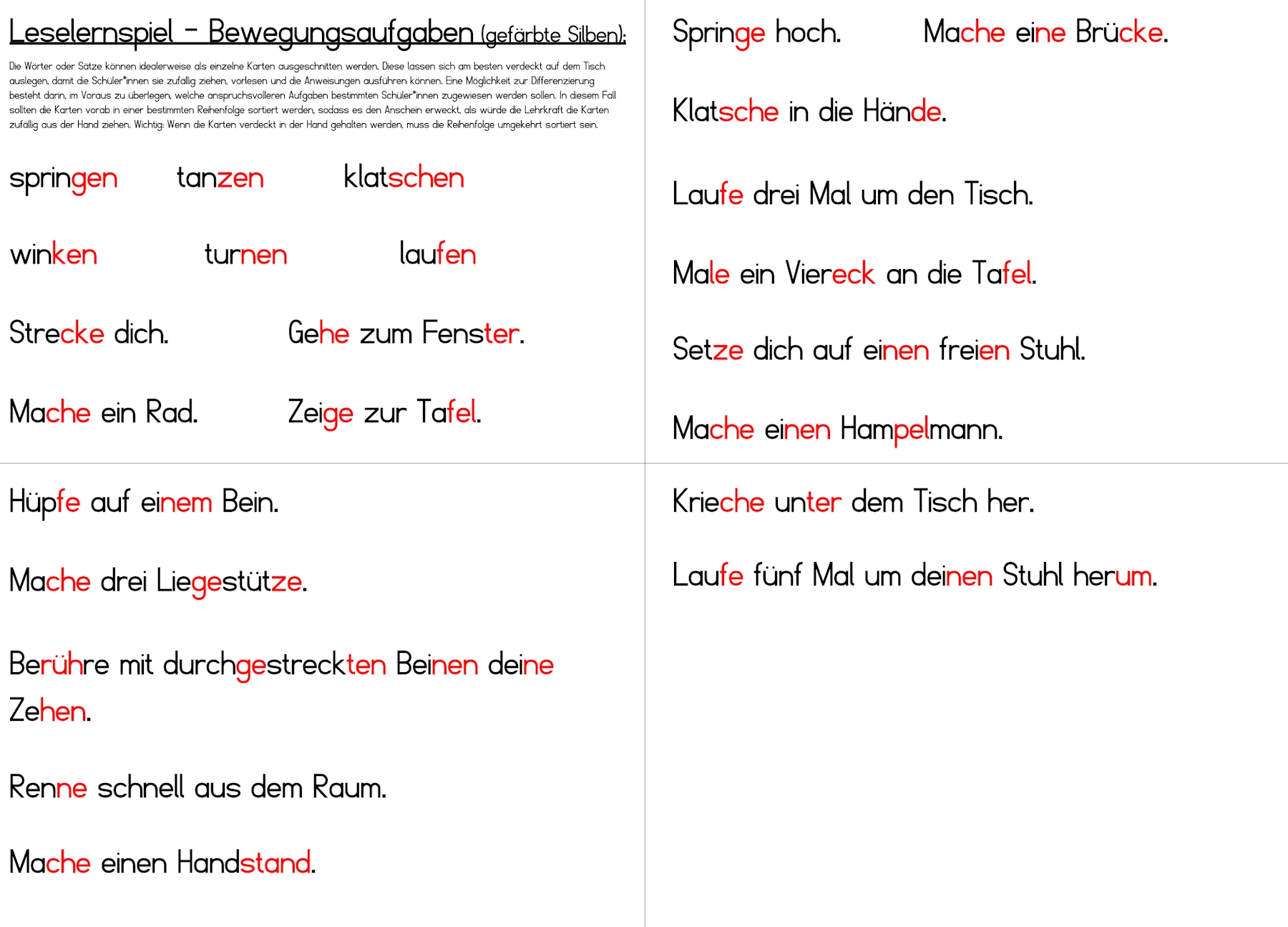 leselernspiel bewegungsspiel • Leselernspiel Bewegungsaufgaben