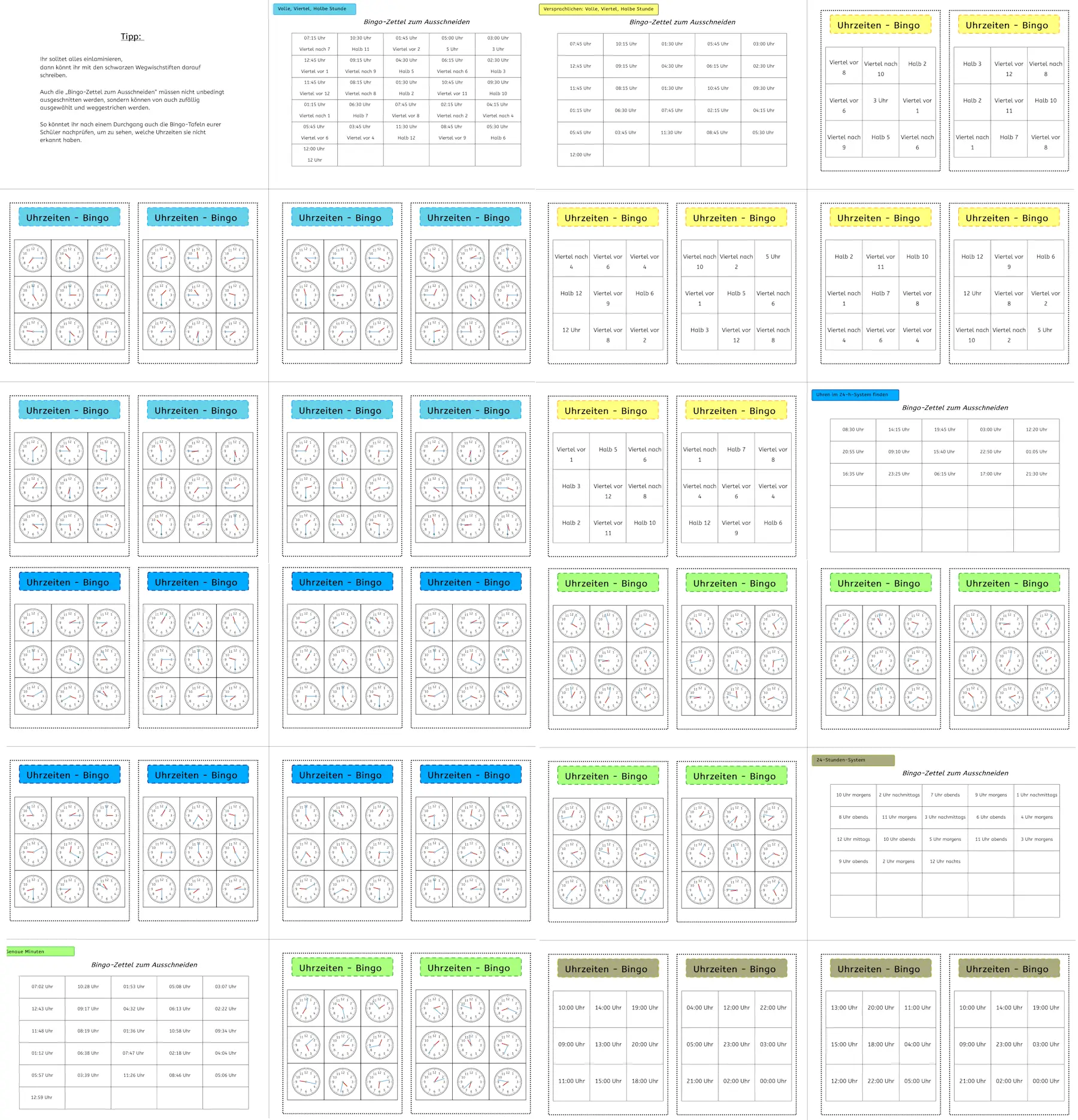 uhrzeiten bingo • Uhrzeiten-Bingos